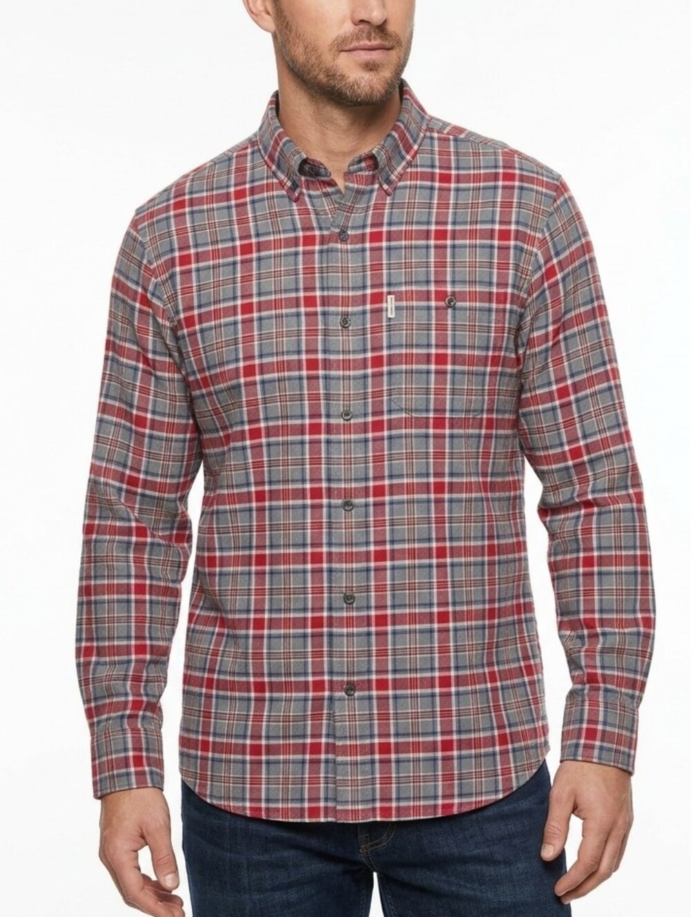 Bob Timberlake Classic Plaid Button-Up Shirt in Red and Gray Size Large